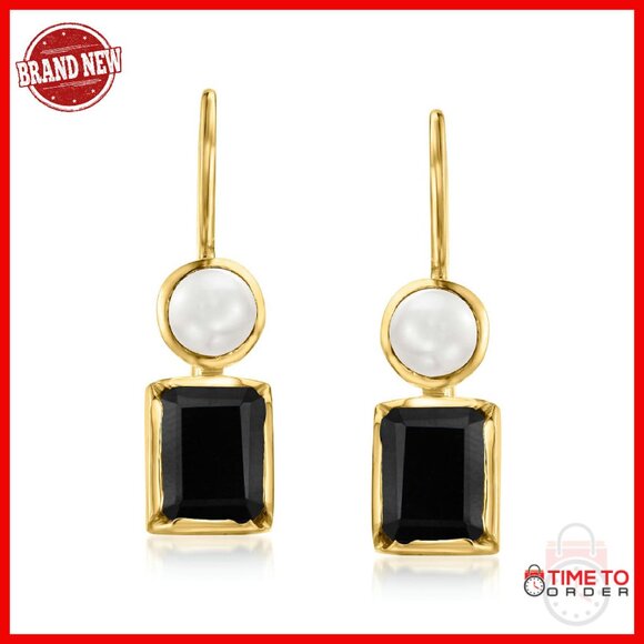 Gold Over Sterling Pearl Onyx Drop Earrings 1
